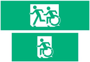 Image shows two different green exit signs. The first has a person running followed by a person using a wheelchair, moving in the same style as the running person, they are moving the left. The second green exit sign just has the person using a wheelchair moving quickly to the left.