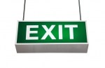 Old style exit sign with white lettering saying EXIT on green sign